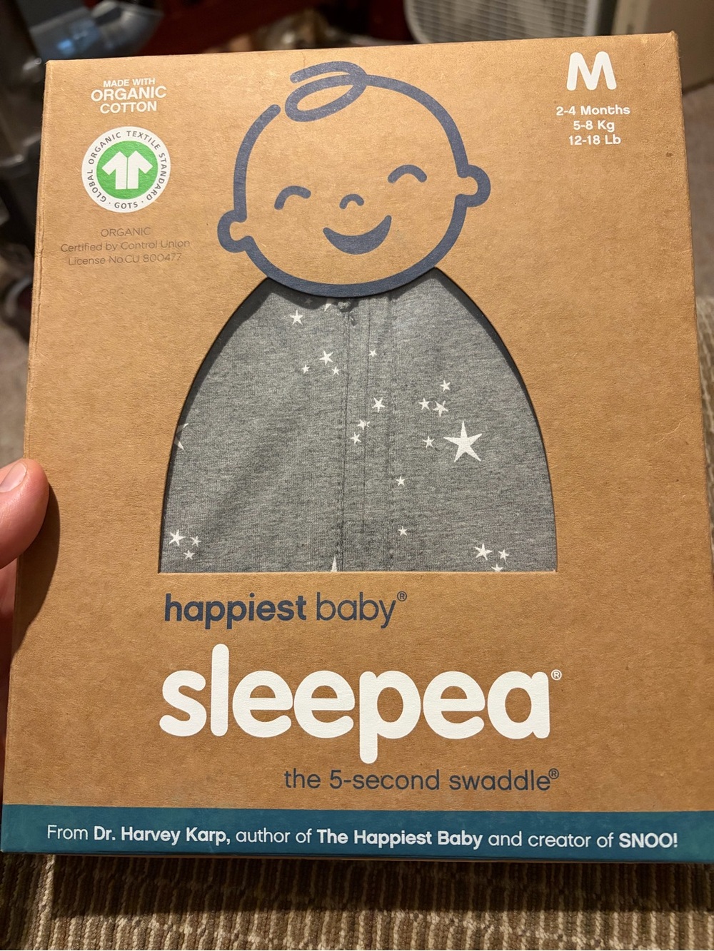 Happiest Baby Sleepea 5-Second Swaddle Sleep Sack in Gray with Star Print - M